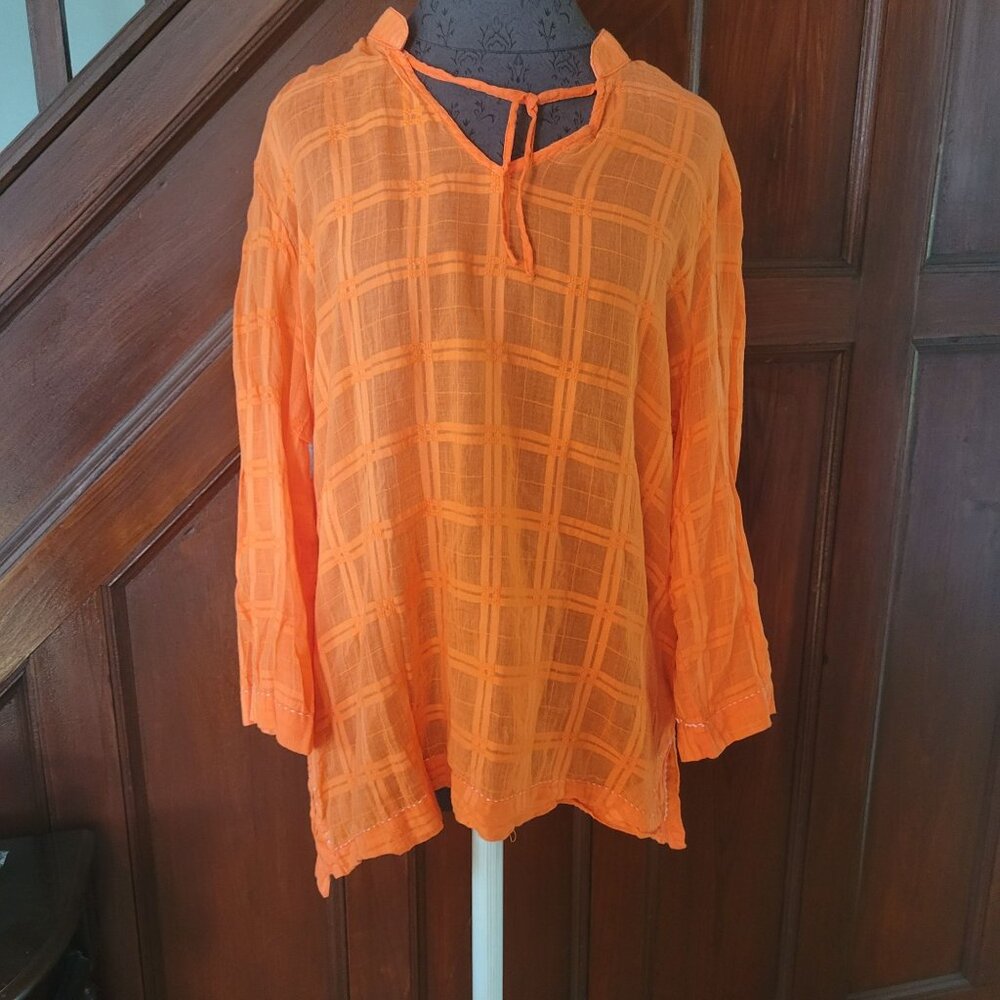 Tommy Hilfiger Womens Orange Sheer Plaid Tunic Top Long Sleeve Size XL